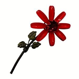 Vintage Coro Brooch • Red Enamel + Ruby Rhinestone • 4” • Japanned Stem • Signed